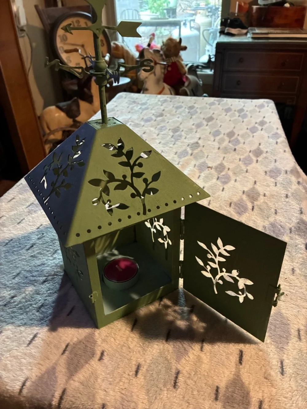 Olive Green Metal Rooster Lantern by